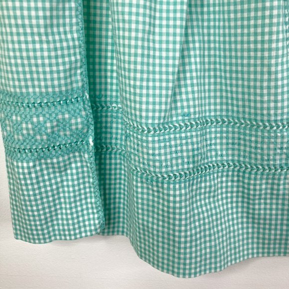 Vintage Handmade Teal Green Gingham Apron Cross Stitch Tie Waist Pocket - Picture 6 of 13